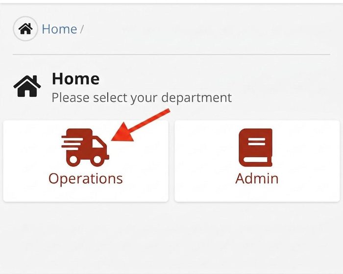 Department selection screen with Operations and Admin options