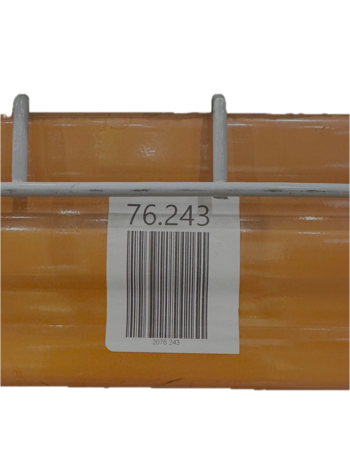 Wooden storage bin with gray metal dividers and barcode label 76.243