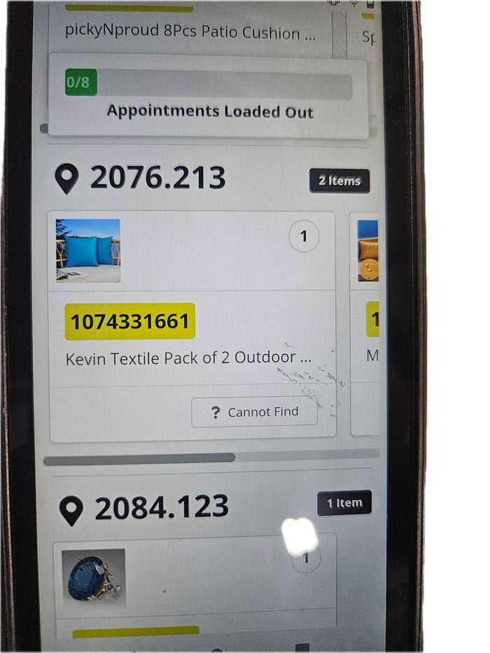 Warehouse inventory management system showing multiple item locations and statuses