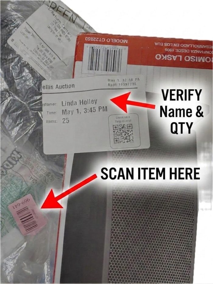 Auction receipt showing customer name, time, and item quantity verification