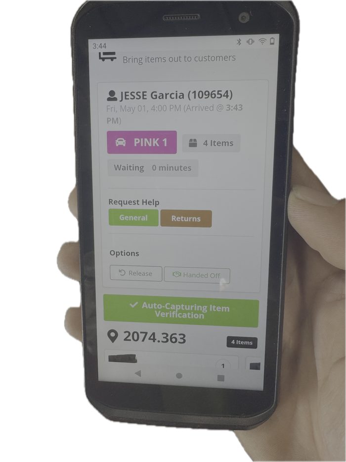 Mobile device screen showing customer order pickup task for Jesse Garcia