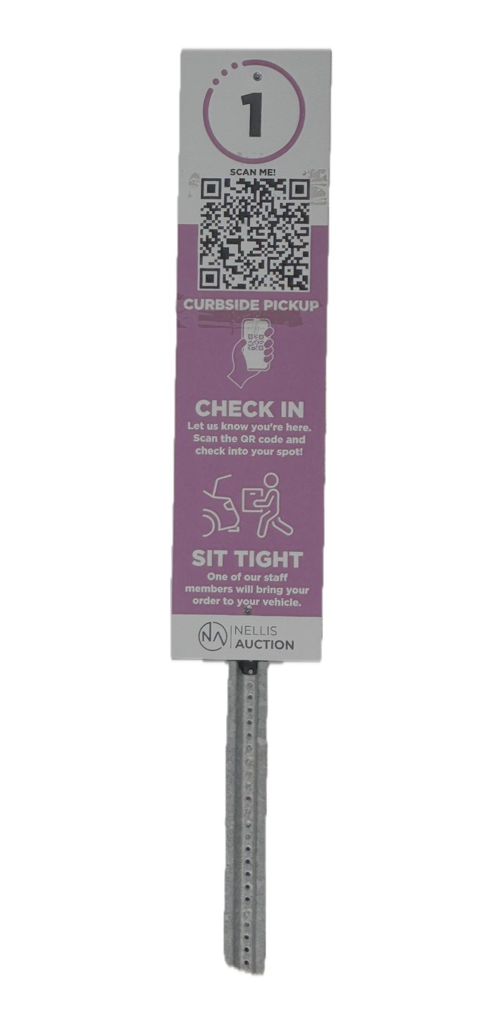 Curbside pickup parking sign with QR code for check-in
