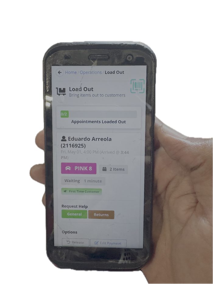 Load Out screen showing customer appointment details and delivery status