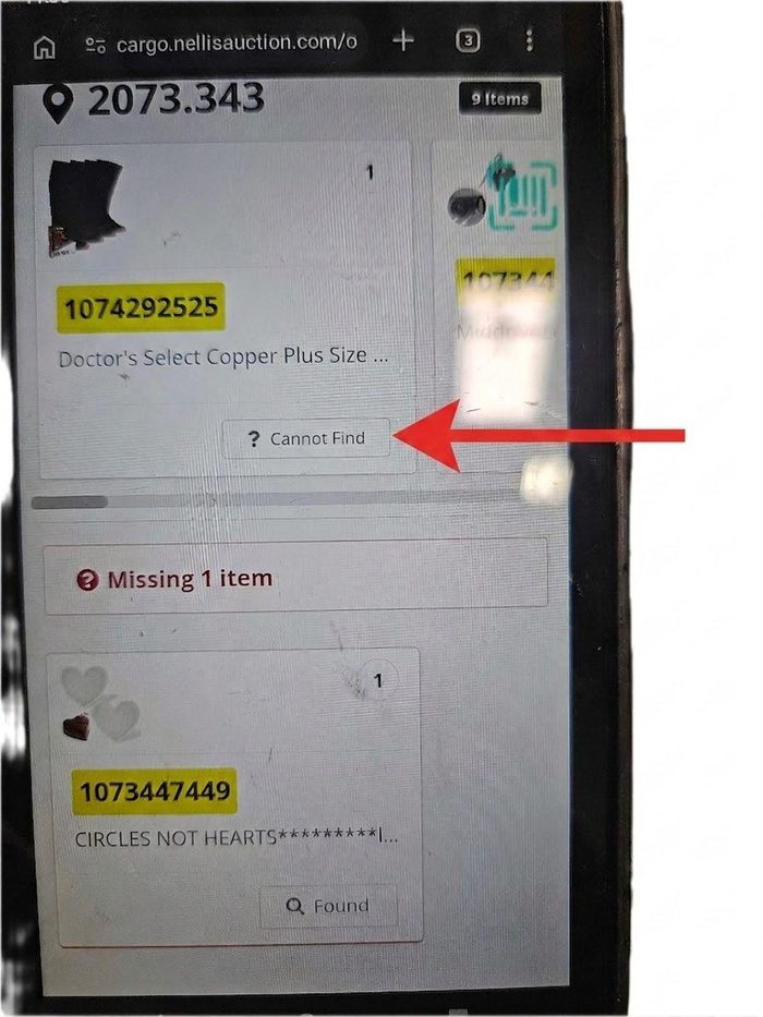 Cargo warehouse system showing inventory items with missing and cannot find status