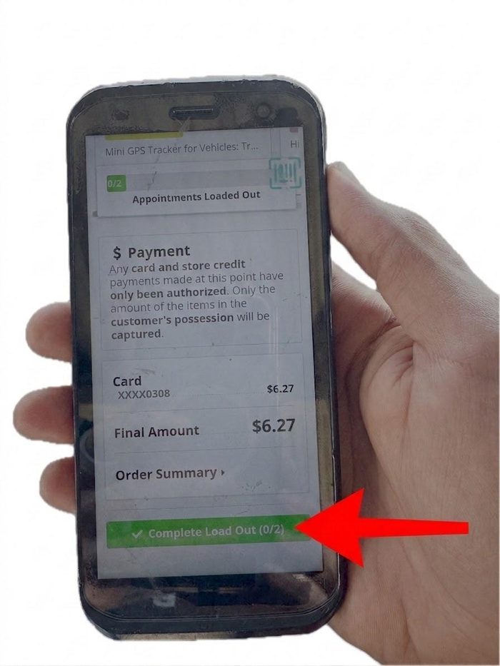 Mobile payment confirmation screen showing $6.27 GPS tracker purchase