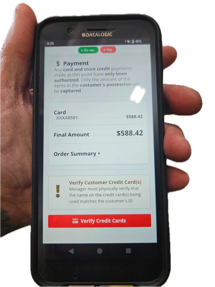Payment authorization screen on Datalogic mobile device showing $588.42 charge