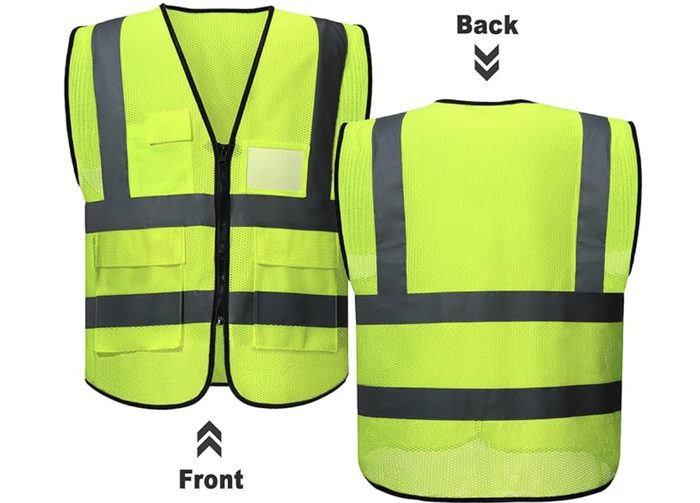 High-visibility safety vest front and back views with reflective stripes