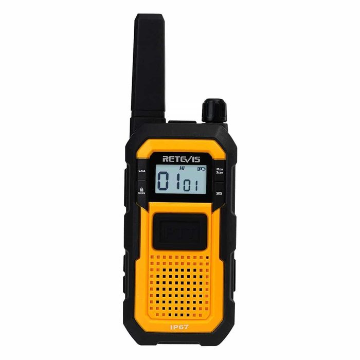 Retevis handheld two-way radio walkie-talkie with yellow and black design