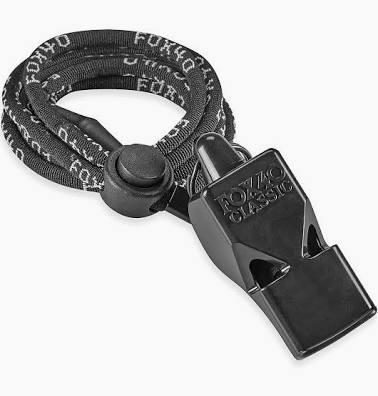 Whistle with black nylon lanyard and attachment loop