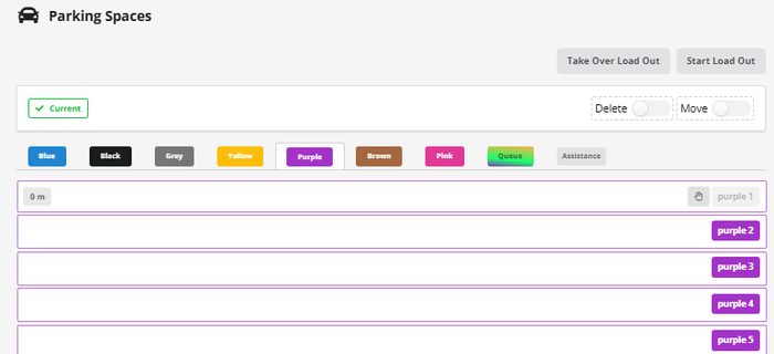Parking spaces interface with color-coded sections and load management options