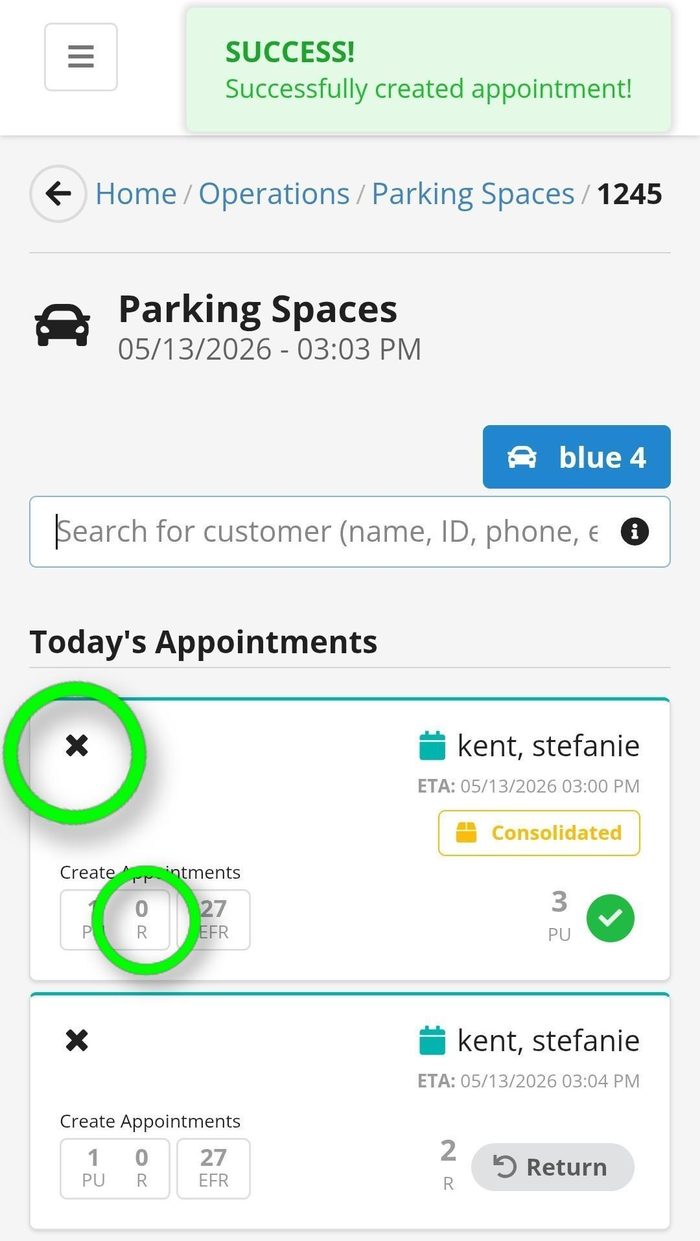 Parking Spaces appointment confirmation for customer kent, stefanie on 05/13/2026