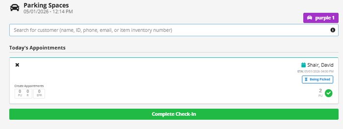 Parking Spaces appointment interface showing customer check-in screen