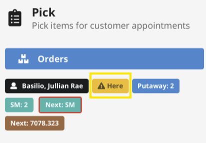 Pick feature screen showing customer appointment order details and location status