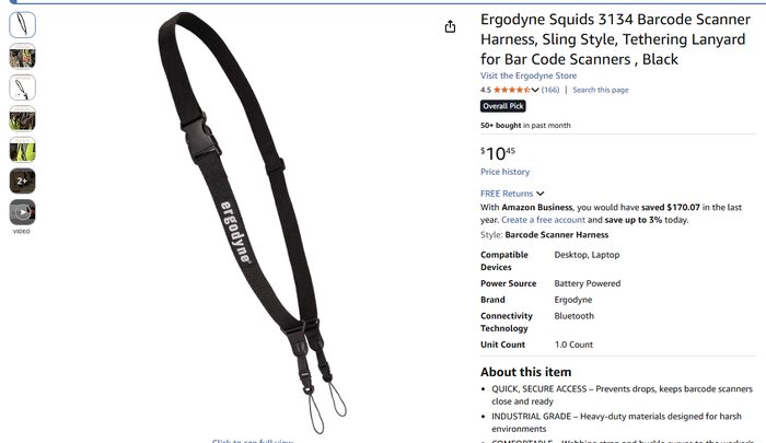 Ergodyne Squids barcode scanner harness product listing with price and details