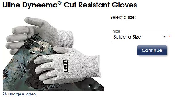 Uline Dyneema cut resistant gloves product page with size selection dropdown