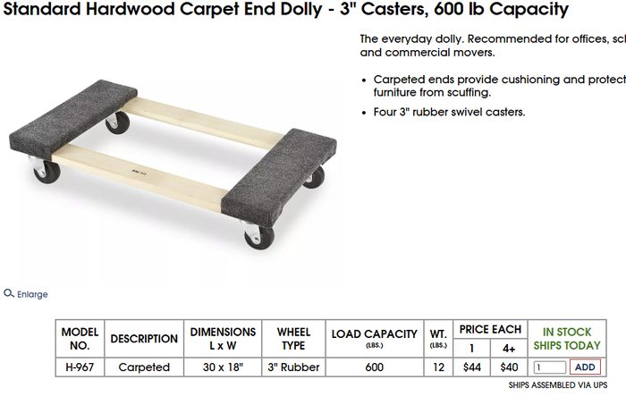 Standard Hardwood Carpet End Dolly product listing with specifications and pricing