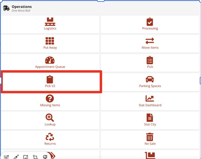 Operations menu showing warehouse management functions and tasks