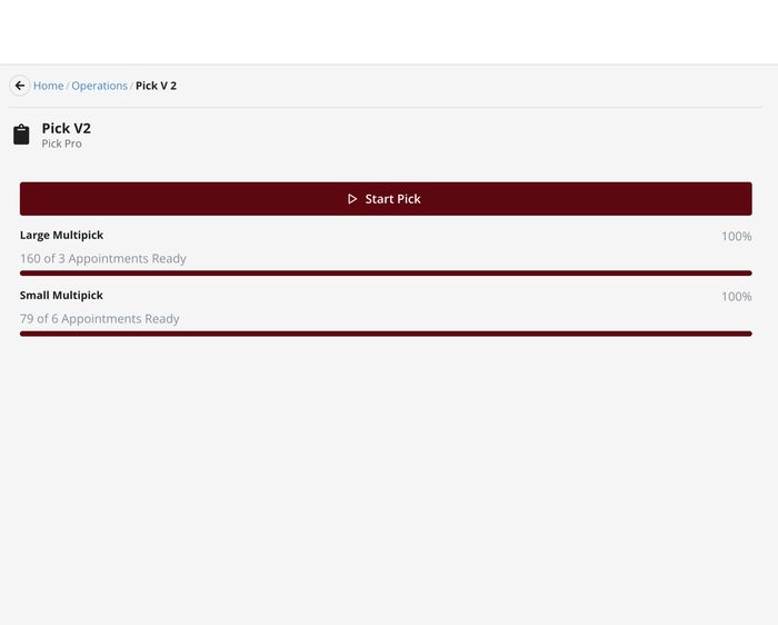 Pick V2 interface showing Large and Small Multipick appointment readiness status