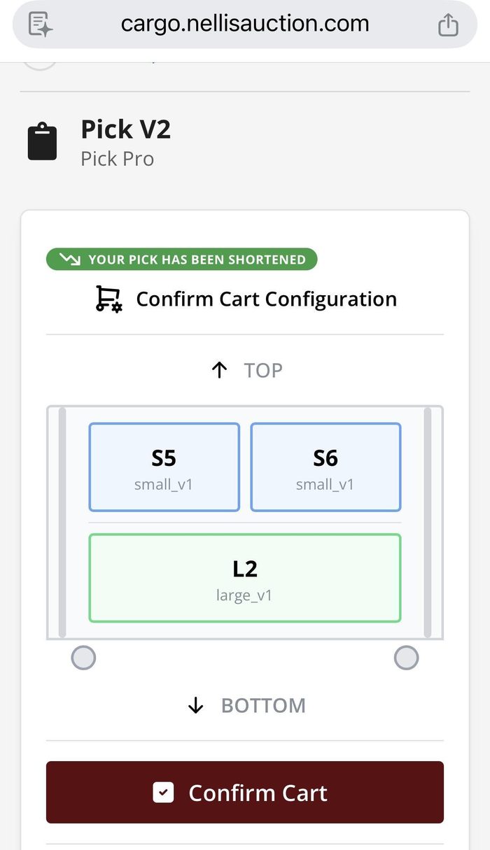 Cart configuration selection screen for Pick V2 Pro picking system