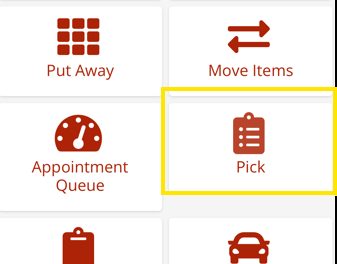 Cargo warehouse software menu showing Put Away, Move Items, Appointment Queue, and Pick options