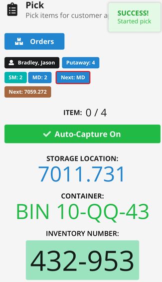 Picking interface showing order details and item location information