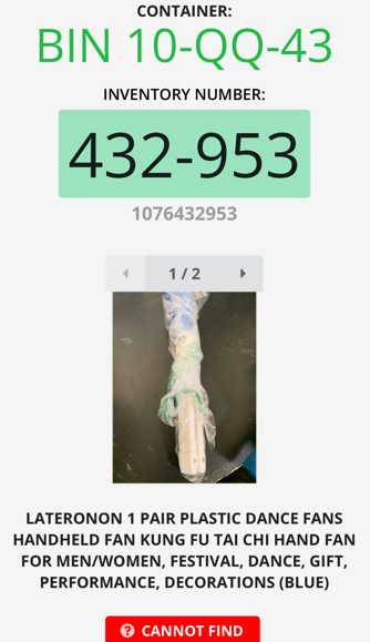 Inventory listing for plastic dance fans in warehouse bin