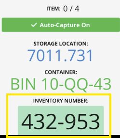 Warehouse item inventory label showing storage location and bin information