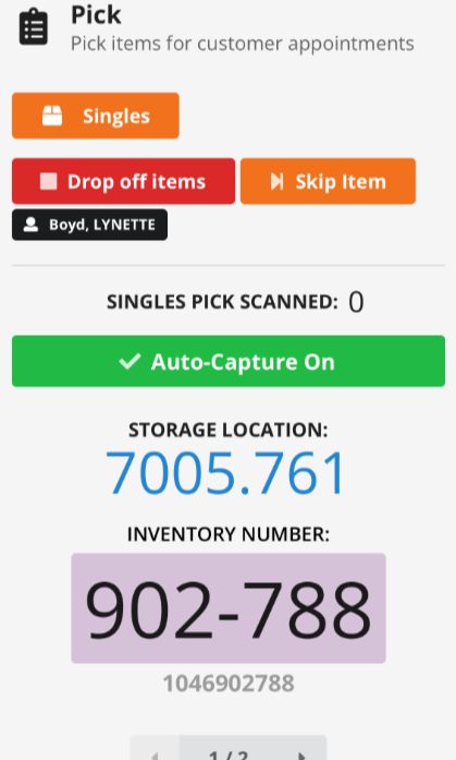 Pick interface for customer appointments showing inventory 902-788