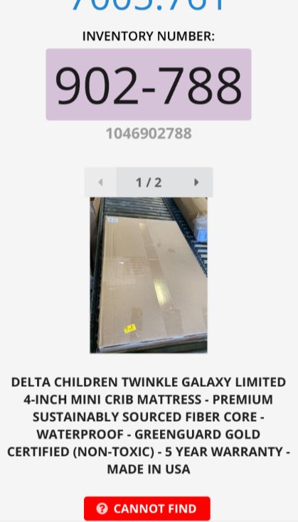 Delta Children crib mattress listing with inventory number and unavailable status