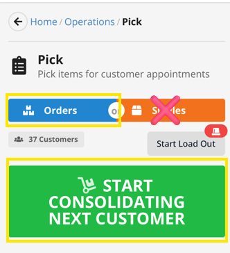 Pick module interface showing Orders tab with 37 customers listed