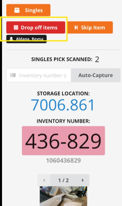 Singles pick scanning interface showing storage location and inventory number