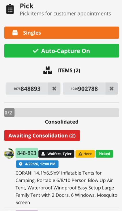 Pick items for customer appointments interface with consolidation status
