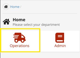 Home screen with Operations and Admin department selection tiles