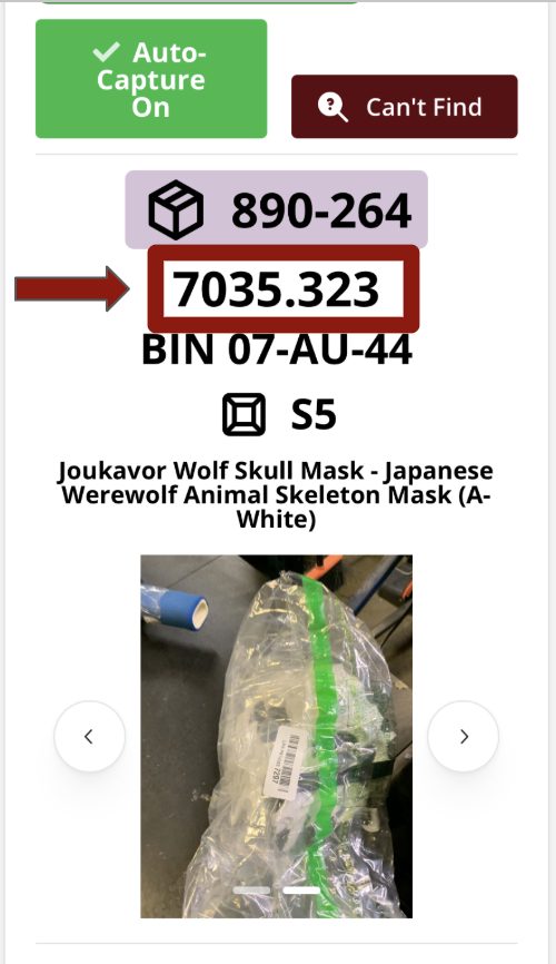 Auction listing for Wolf Skull Mask with bin location and price