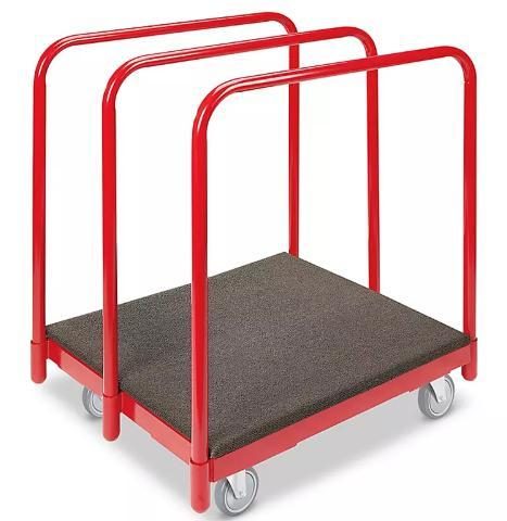 Red panel cart with wheels and dark gray platform deck