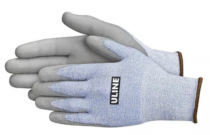 Work gloves with gray palm coating and blue knit back
