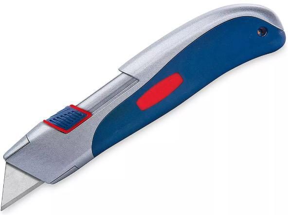 Utility knife with retractable blade, blue and silver handle