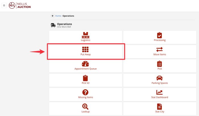 Operations menu showing warehouse management functions and process workflows