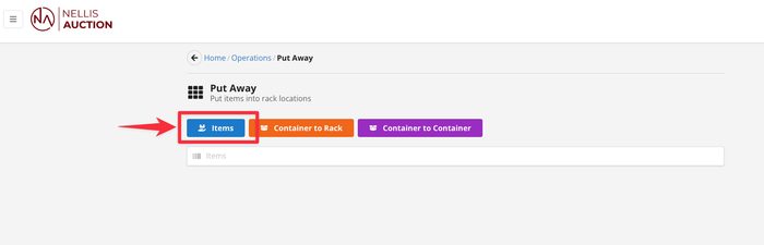 Put Away operation screen with Items, Container to Back, and Container to Container tabs