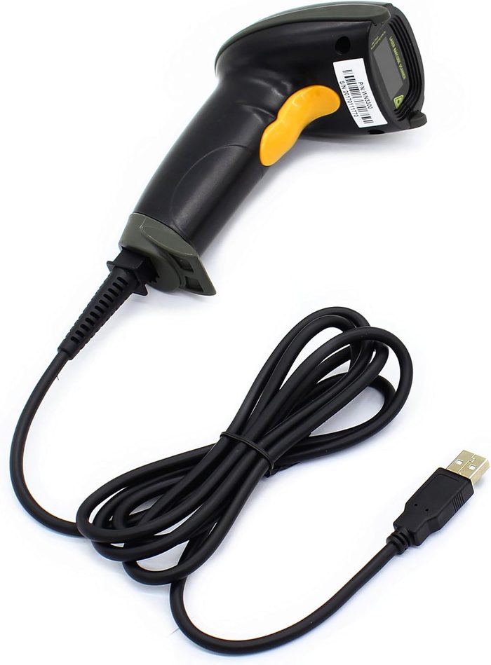 Barcode scanner with USB cable and yellow trigger handle