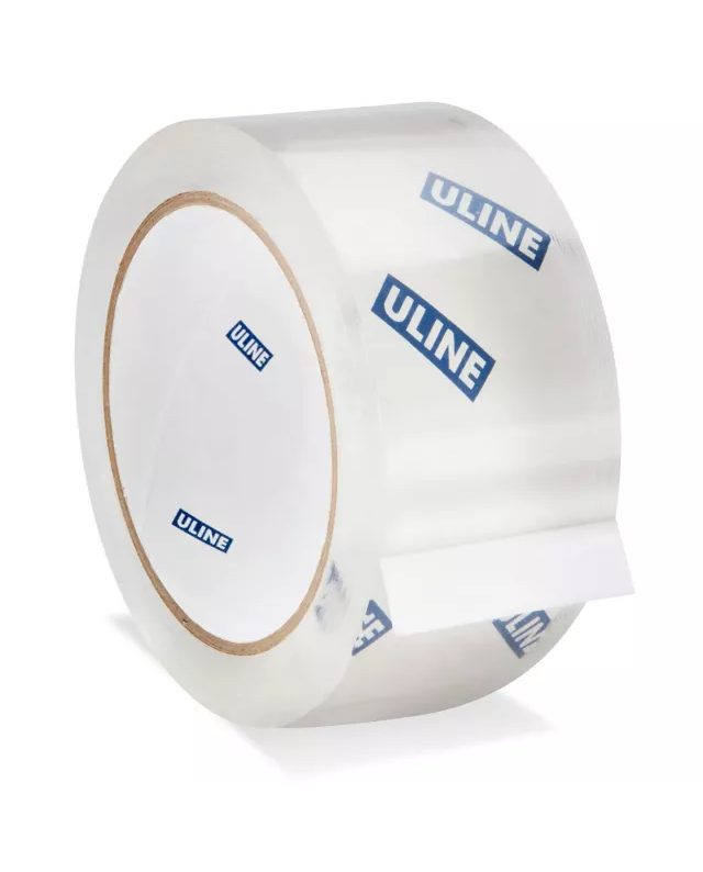 Clear packing tape roll with ULINE branding and brown paper core