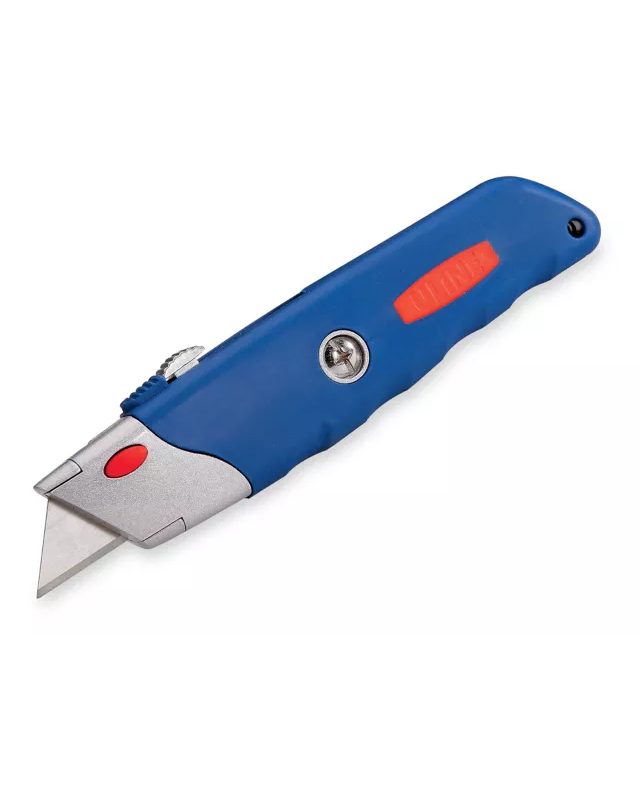 Utility knife with blue handle and retractable blade mechanism