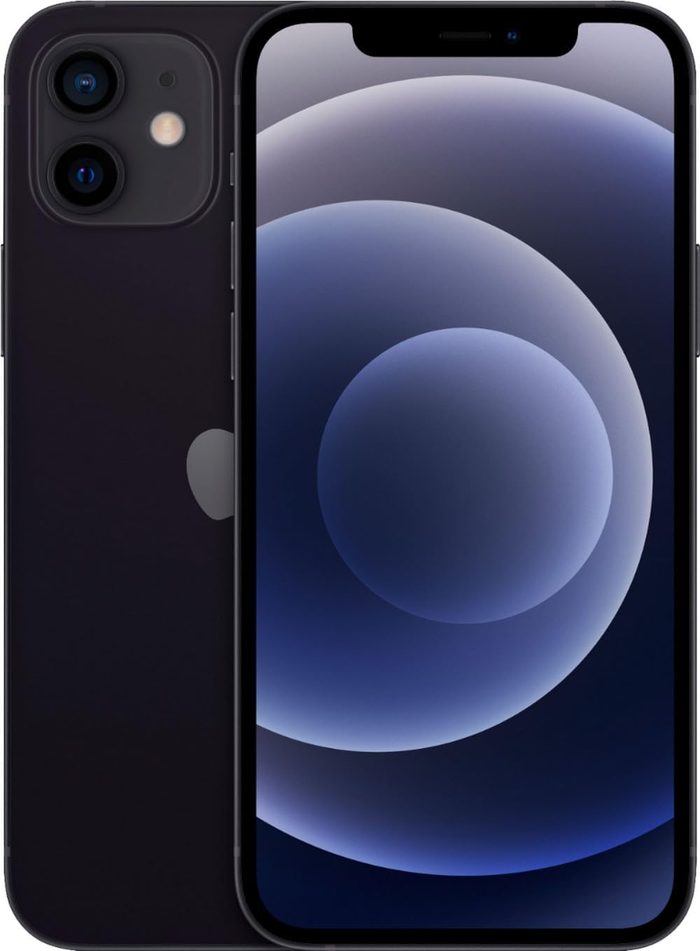 iPhone 12 in black showing home screen with default wallpaper