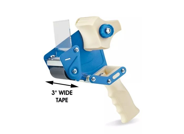 Tape dispenser gun designed for three inch wide packaging tape rolls