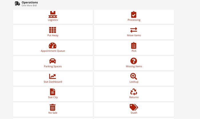 Operations menu showing warehouse management functions and tools