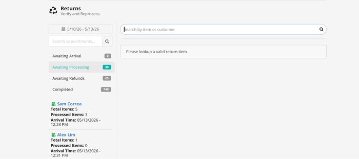 Returns verification and reprocessing screen showing pending items by status