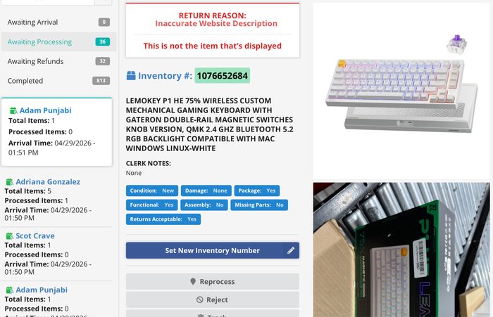 Return management screen showing inaccurate website description warehouse item