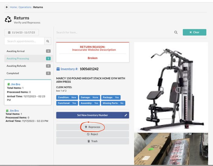 Returns processing screen showing gym equipment with reprocess option selected