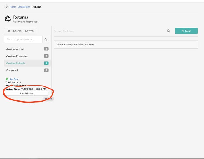 Returns management screen showing awaiting refunds item for Jim Bro