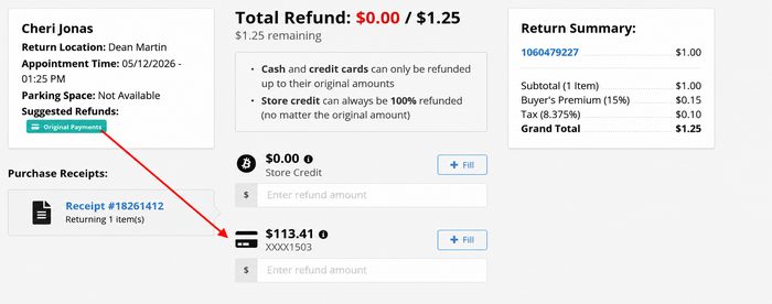 Return refund processing screen showing store credit and payment method options